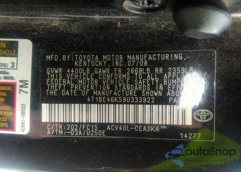 2009 Toyota Camry Le/Se/Xle from USA, damaged, VIN 4T1BE46K59U333922